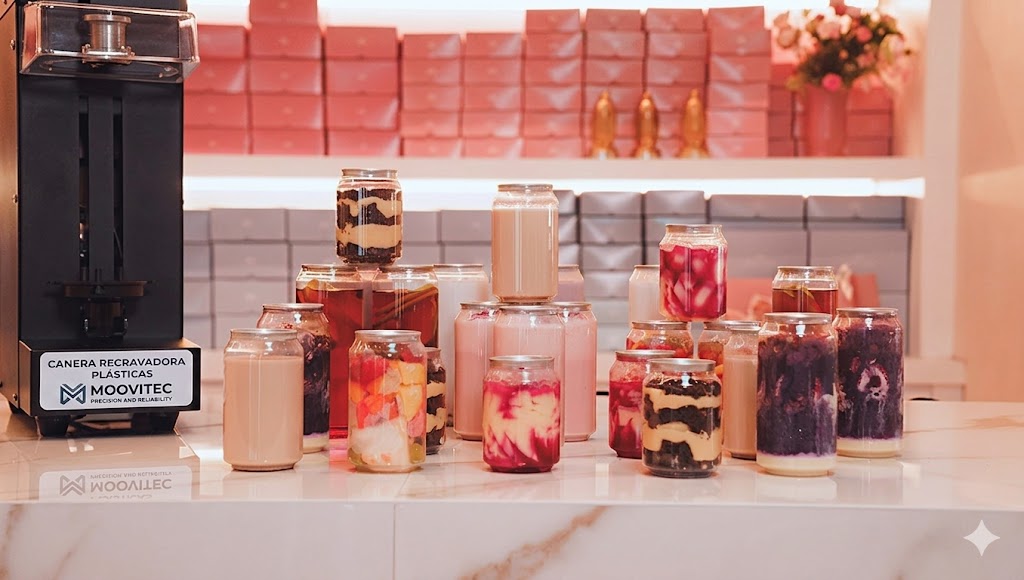 Latas plásticas com bebidas e sobremesas